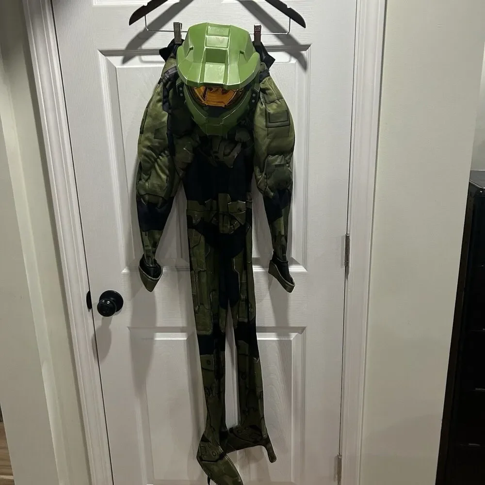 Halo Infinite Master Chief Costume Kids Size 14 Green Jumpsuit Helmet Halloween